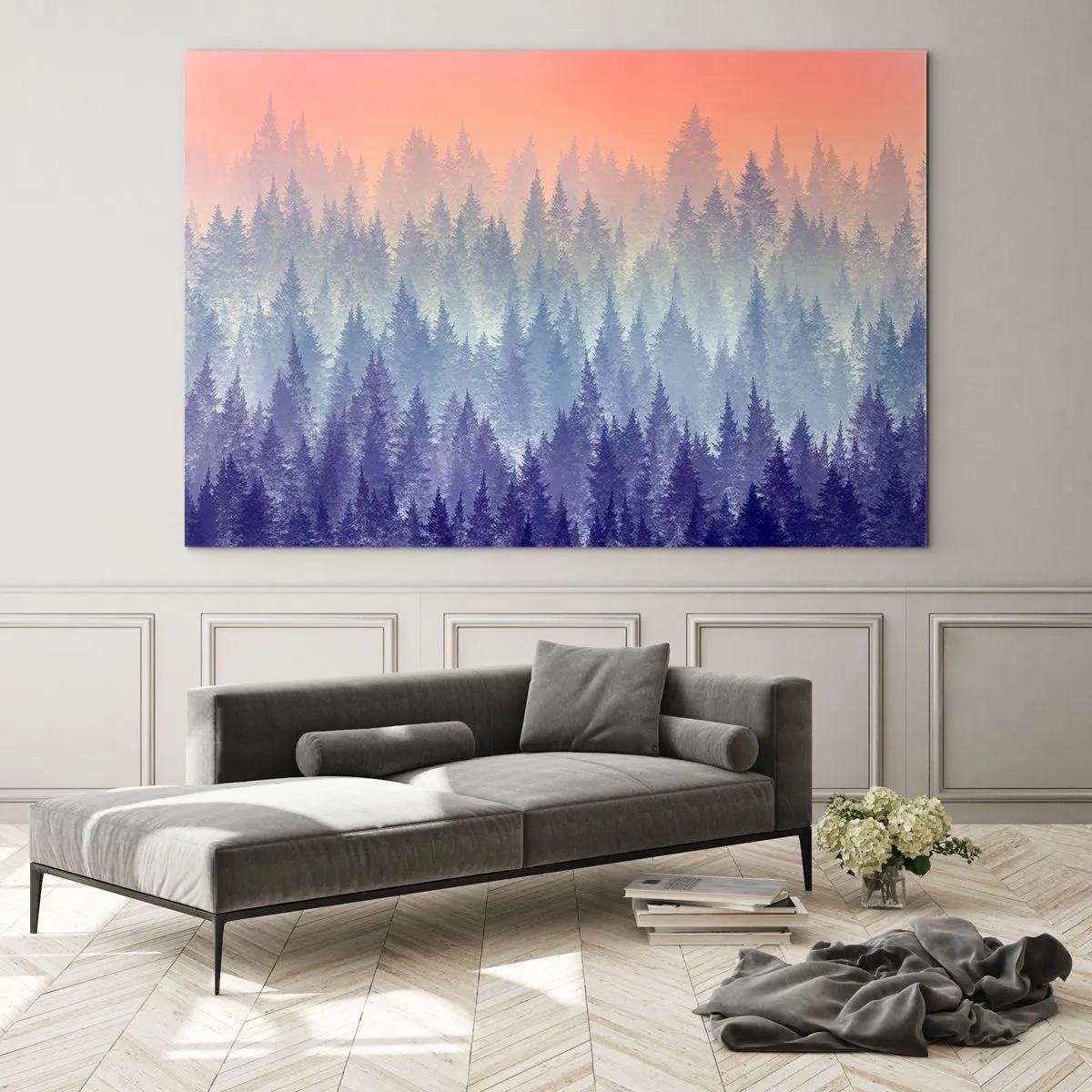 Quadro su vetro - Misteriosa foresta di conifere nelle tonalità pastello del mattino - 70x50cm - Alto, più in alto, fino al cielo - Decorazione murale moderna per soggiorno e camera da letto ARTTOR