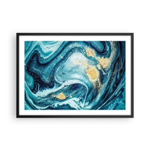 Poster in cornice nera - Una composizione astratta di onde e accenti dorati - 70x50cm - Vortice blu - Decorazione murale moderna per soggiorno e camera da letto ARTTOR