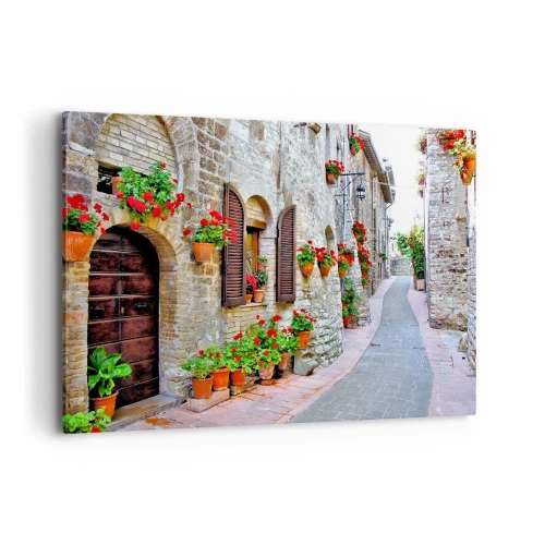 Quadro su tela - Stampe su Tela - Una strada stretta con edifici in pietra decorati con vasi di fiori - 120x80cm - Atmosfera italiana - Decorazione murale moderna per soggiorno e camera da letto ARTTOR