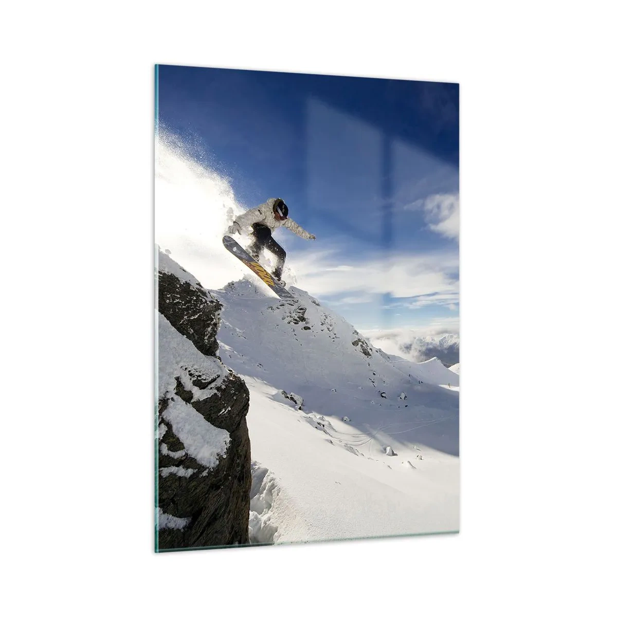 Quadro su vetro - Uno snowboarder che salta da una scogliera in montagna in inverno - 50x70cm - Libertà senza confini - Decorazione murale moderna per soggiorno e camera da letto ARTTOR