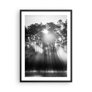 Poster in cornice nera - Scena di foresta in bianco e nero con raggi di sole nella nebbia - 50x70cm - Sole irrefrenabile - Decorazione murale moderna per soggiorno e camera da letto ARTTOR
