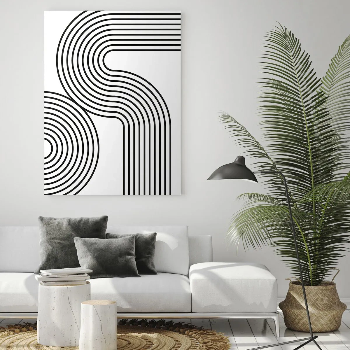 Quadro su vetro - Grafica in bianco e nero con linee parallele curve - 50x70cm - In curva - Decorazione murale moderna per soggiorno e camera da letto ARTTOR