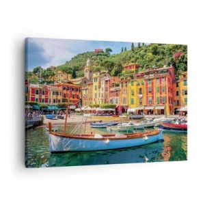 Quadro su tela - Stampe su Tela - Case a schiera colorate e barche in una città costiera italiana - 70x50cm - Mattino italiano - Decorazione murale moderna per soggiorno e camera da letto ARTTOR