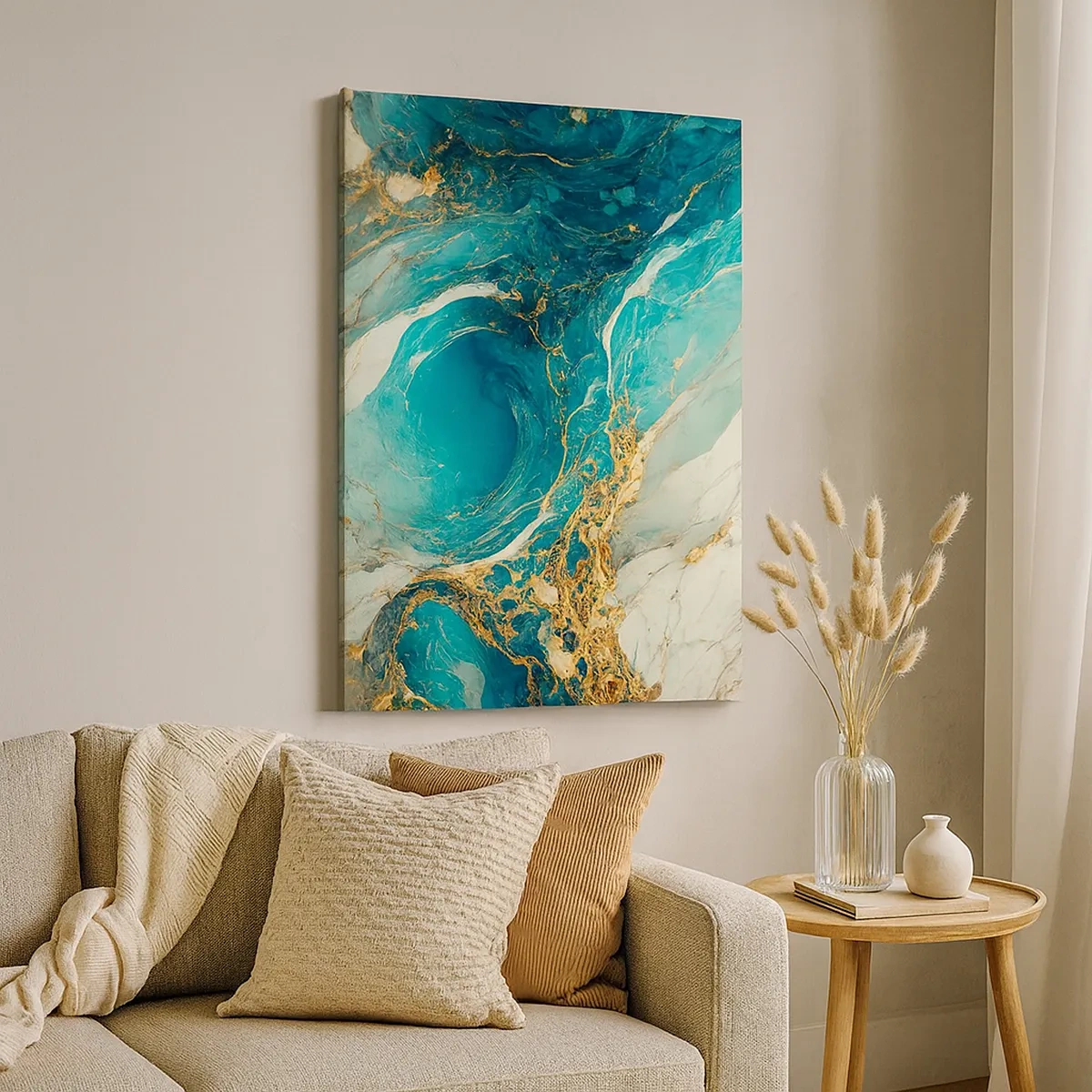 Quadro su tela - Stampe su Tela - Una composizione astratta nei toni del turchese e dell'oro. - 50x70cm - Composizione con vene d'oro - Decorazione murale moderna per soggiorno e camera da letto ARTTOR