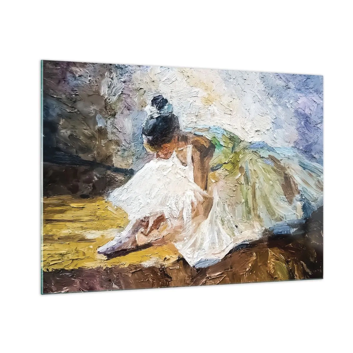 Quadro su vetro - Una ballerina china in avanti con un abito bianco dipinto con una texture a olio - 100x70cm - Dal quadro di Degas - Decorazione murale moderna per soggiorno e camera da letto ARTTOR