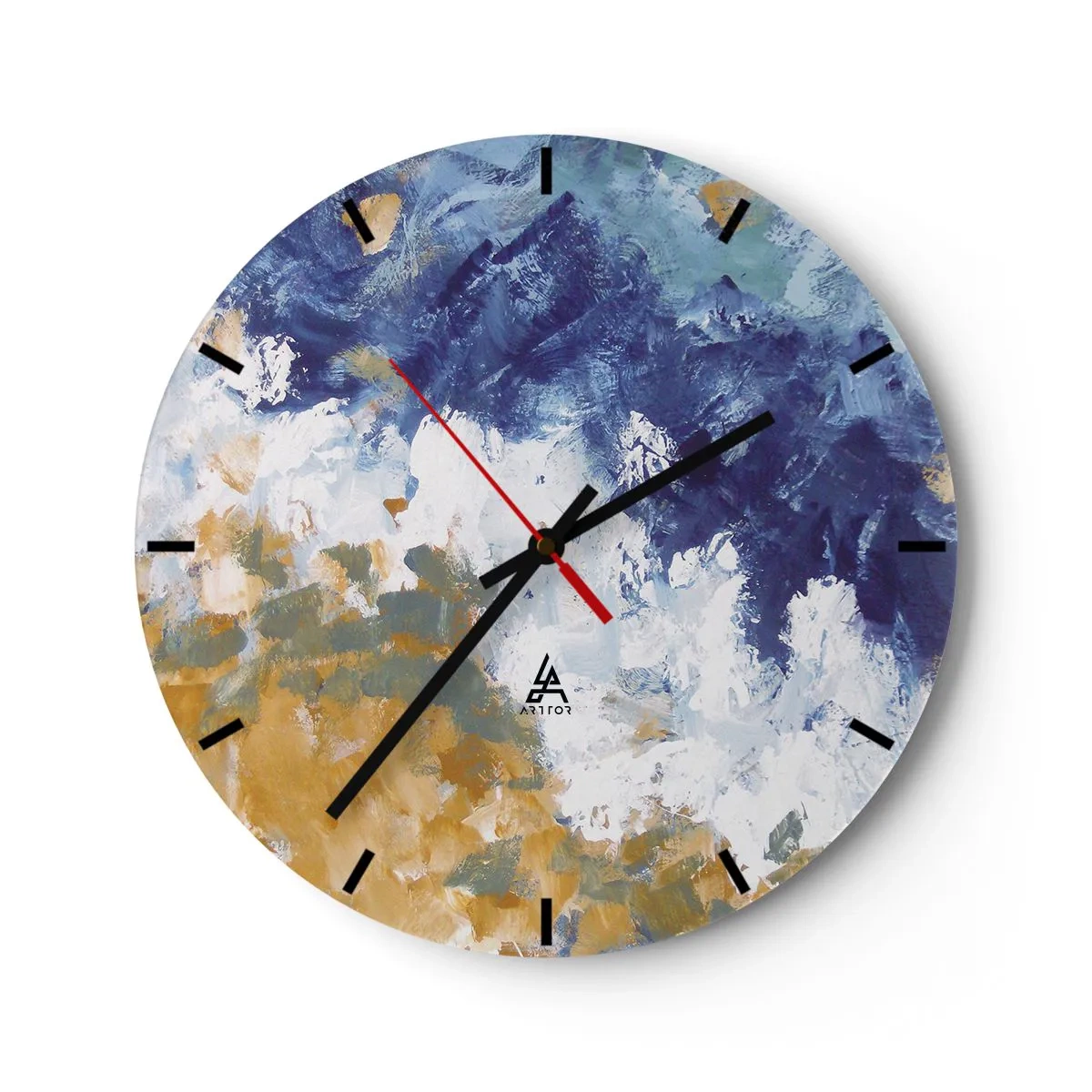 Orologio da parete - Orologio in Vetro - Astrazione espressiva nei toni del blu, bianco e ocra - 30x30cm - La danza degli elementi - Decorazione murale moderna per soggiorno, cucina e camera da letto ARTTOR