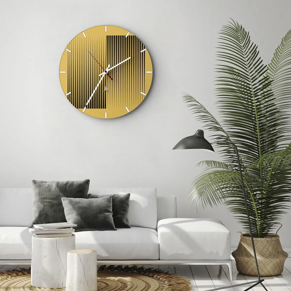 Orologio da parete - Orologio in Vetro - Sfondo giallo con linee verticali nere che creano un effetto geometrico - 30x30cm - La quadratura degli opposti - Decorazione murale moderna per soggiorno, cucina e camera da letto ARTTOR
