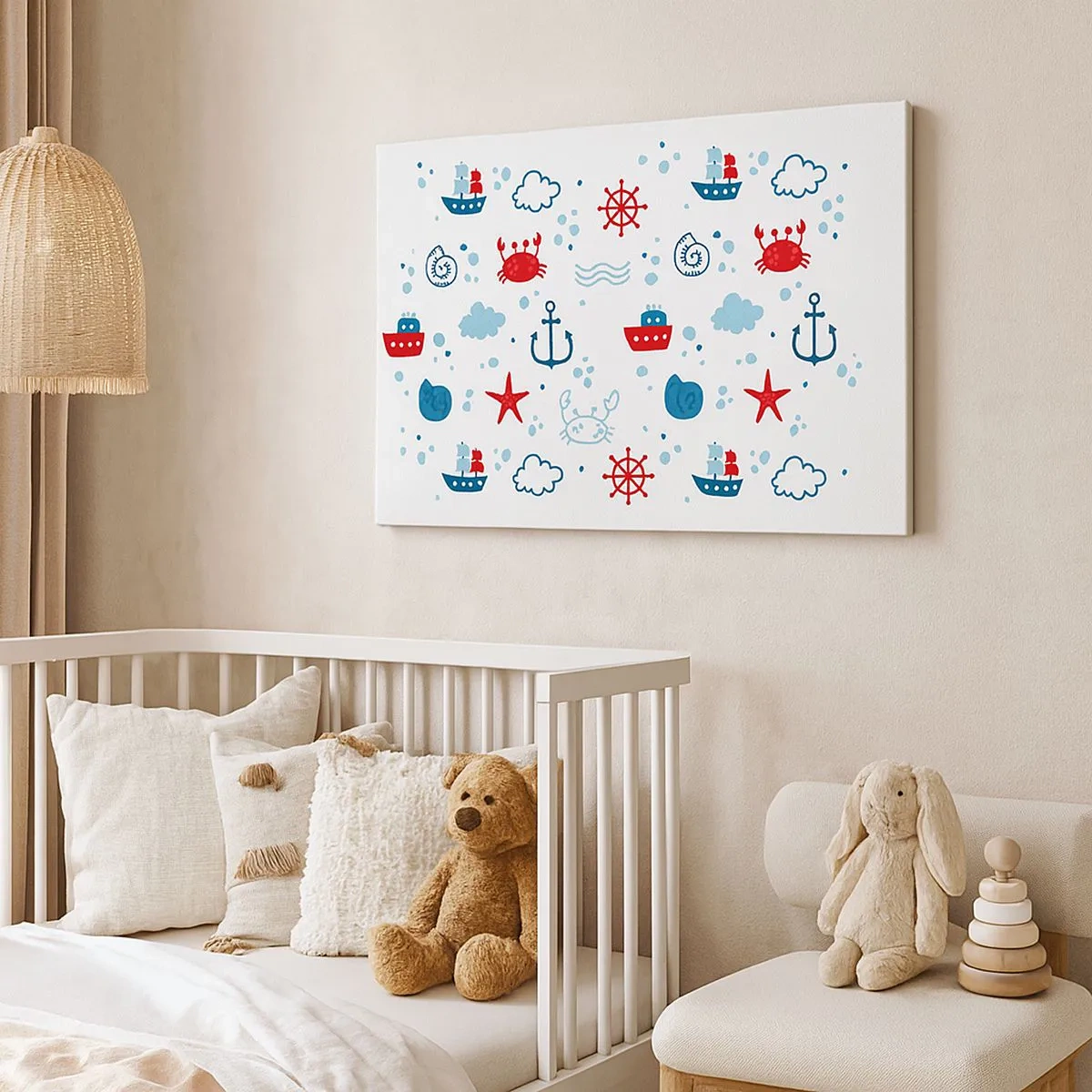 Quadro su tela - Stampe su Tela - Motivo nautico con ancore, navi e granchi - 70x50cm - Favola nel mare - Decorazione murale moderna per soggiorno e camera da letto ARTTOR