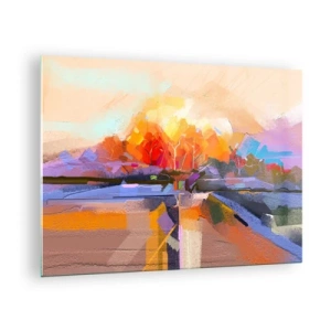 Quadro su vetro - Paesaggio astratto con tramonto e campi colorati - 70x50cm - Si è fatto autunno - Decorazione murale moderna per soggiorno e camera da letto ARTTOR