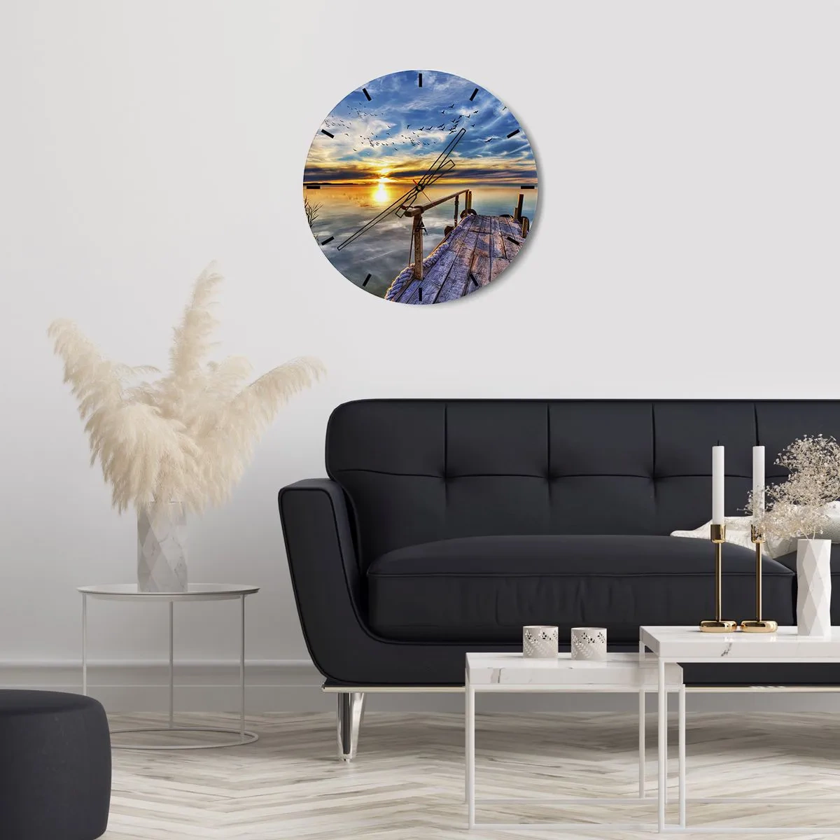 Orologio da parete - Orologio in Vetro - Molo di legno sul lago al tramonto - 30x30cm - Il vento è andato a dormire - Decorazione murale moderna per soggiorno, cucina e camera da letto ARTTOR