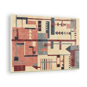 Quadro su vetro - Motivo geometrico astratto nelle tonalità del beige e del rosso - 70x50cm - Combinazione di orizzontali e verticali - Decorazione murale moderna per soggiorno e camera da letto ARTTOR