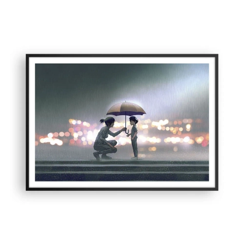 Poster in cornice nera - Una figura con un ombrello che protegge un bambino sullo sfondo delle luci notturne. - 100x70cm - E già tutto va bene - Decorazione murale moderna per soggiorno e camera da letto ARTTOR