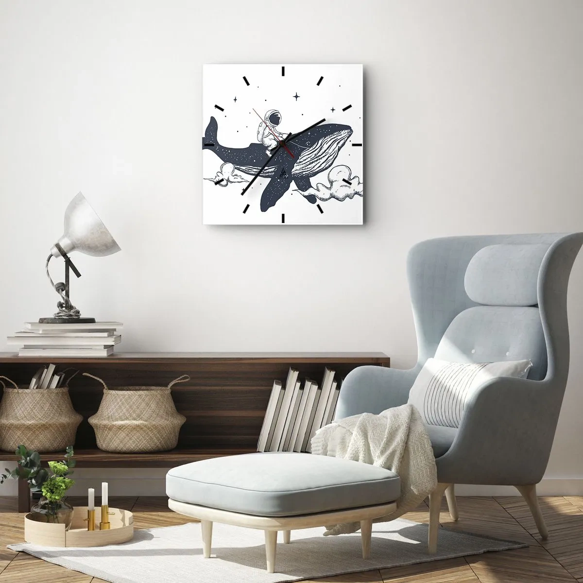 Orologio da parete - Orologio in Vetro - Astronauta su una balena che galleggia nello spazio - 30x30cm - Avventura nello spazio - Decorazione murale moderna per soggiorno e camera da letto ARTTOR