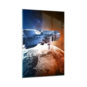 Quadro su vetro - Un'astronave sullo sfondo di un pianeta nello spazio - 80x120cm - Un attento osservatore - Decorazione murale moderna per soggiorno e camera da letto ARTTOR