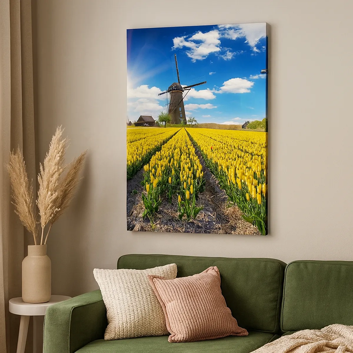 Quadro su tela - Stampe su Tela - Un campo di tulipani gialli con mulini a vento all'orizzonte - 50x70cm - Più olandesi di così non si può - Decorazione murale moderna per soggiorno e camera da letto ARTTOR