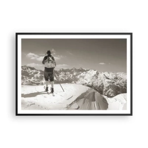 Poster in cornice nera - Uno sciatore in cima a una montagna in bianco e nero - 100x70cm - E i monti sono immutabili - Decorazione murale moderna per soggiorno e camera da letto ARTTOR