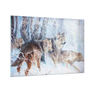 Quadro su vetro - Tre lupi in una foresta invernale circondata dalla neve - 100x70cm - Attenzione! In arrivo... - Decorazione murale moderna per soggiorno e camera da letto ARTTOR