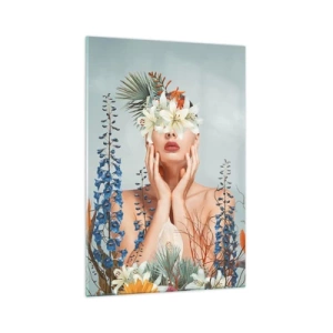 Quadro su vetro - Ritratto di donna con motivo floreale su sfondo blu - 70x100cm - Donna - fiore - Decorazione murale moderna per soggiorno e camera da letto ARTTOR