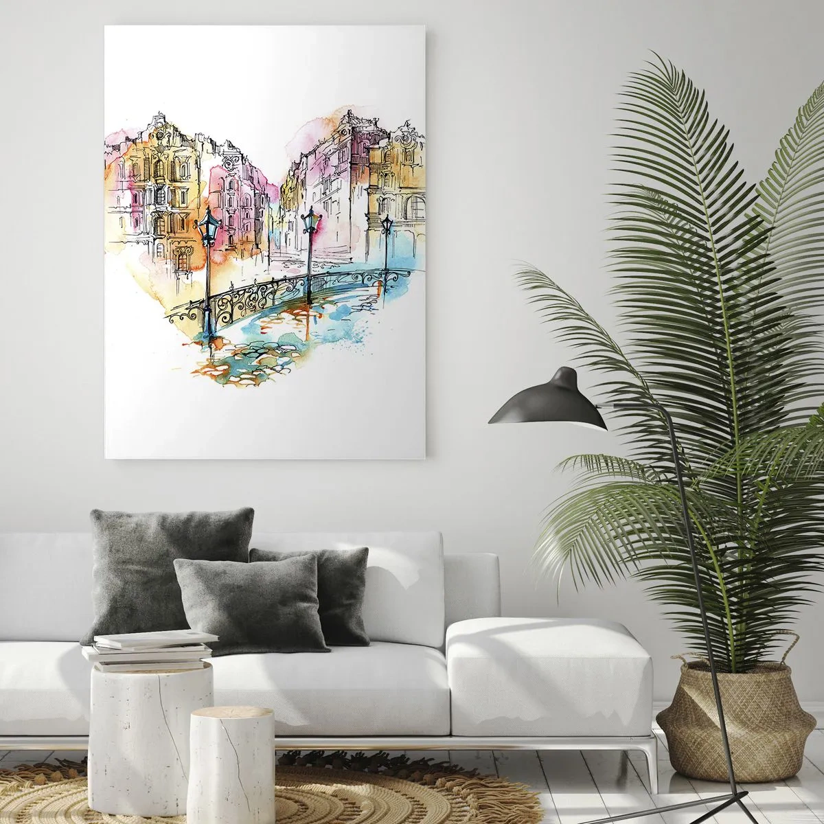 Quadro su vetro - Romantiche case popolari con un ponte a forma di cuore, acquerello - 50x70cm - Il cuore della città - Decorazione murale moderna per soggiorno e camera da letto ARTTOR