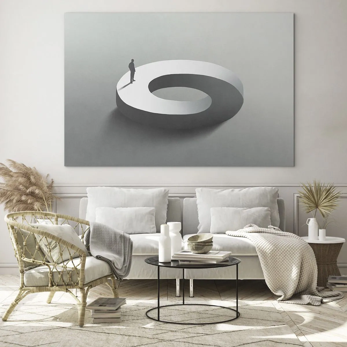 Quadro su vetro - Una silhouette minimalista di un uomo su un anello bianco - 70x50cm - Prova a cavartela - Decorazione murale moderna per soggiorno e camera da letto ARTTOR