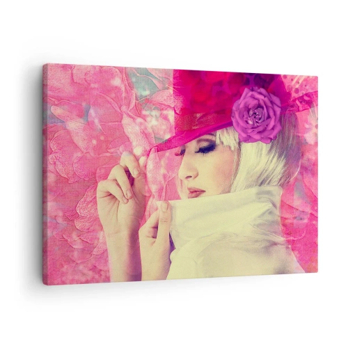 Quadro su tela - Stampe su Tela - Donna elegante con un cappello rosa con un fiore - 70x50cm - Ritratto retro nei vapori di rosa - Decorazione murale moderna per soggiorno e camera da letto ARTTOR
