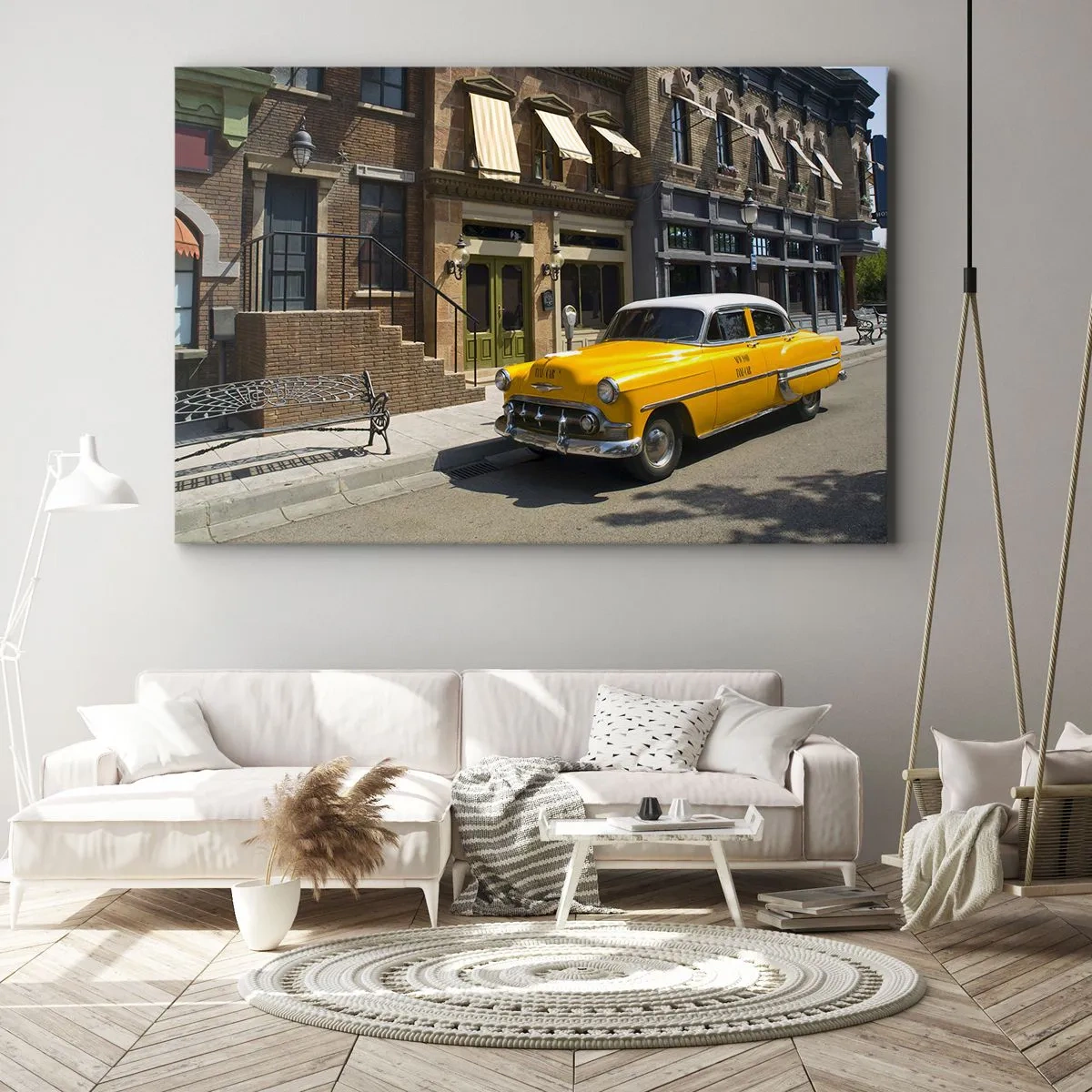 Quadro su tela - Stampe su Tela - Un taxi giallo su una strada fiancheggiata da case popolari - 120x80cm - Tanto tempo fa in America - Decorazione murale moderna per soggiorno e camera da letto ARTTOR
