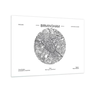 Quadro su vetro - Mappa in bianco e nero di Birmingham in uno stile grafico moderno - 70x50cm - Anatomia di Birmingham - Decorazione murale moderna per soggiorno e camera da letto ARTTOR