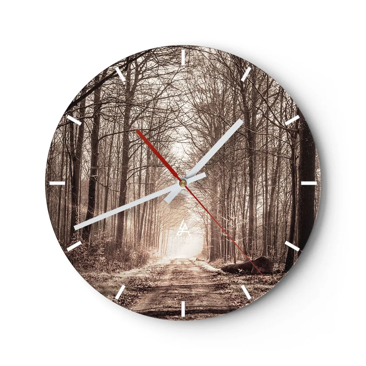 Orologio da parete - Orologio in Vetro - Un viale di alberi in uno scenario autunnale con una prospettiva verso le profondità - 30x30cm - La cattedrale del bosco - Decorazione murale moderna per soggiorno, cucina e camera da letto ARTTOR