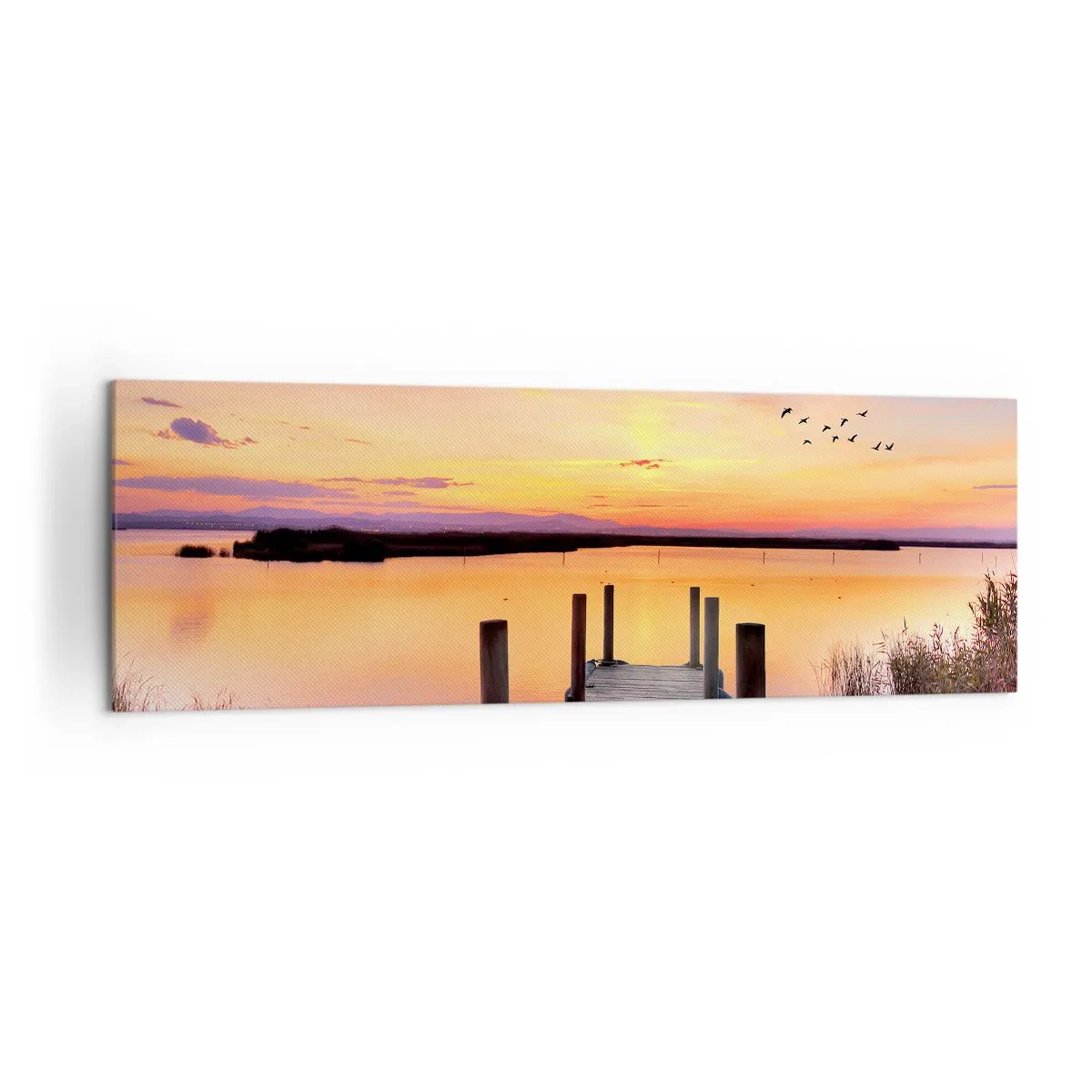 Quadro su tela - Stampe su Tela - Un molo su un lago al tramonto con uccelli nel cielo - 160x50cm - Alba viola e silenziosa - Decorazione murale moderna per soggiorno e camera da letto ARTTOR