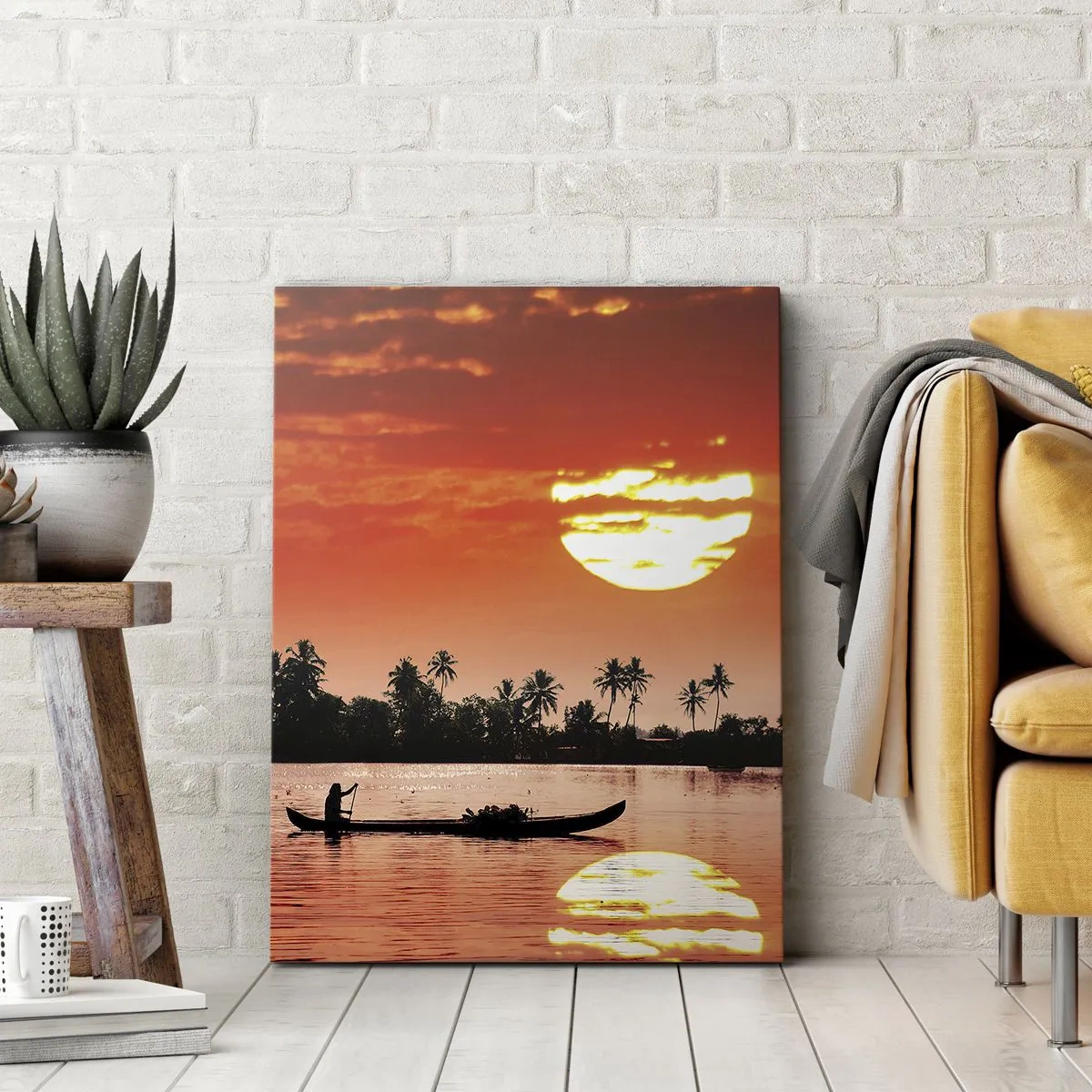 Quadro su tela - Stampe su Tela - Tramonto tropicale con una barca e palme sullo sfondo - 70x100cm - La calma dei tropici al tramonto - Decorazione murale moderna per soggiorno e camera da letto ARTTOR