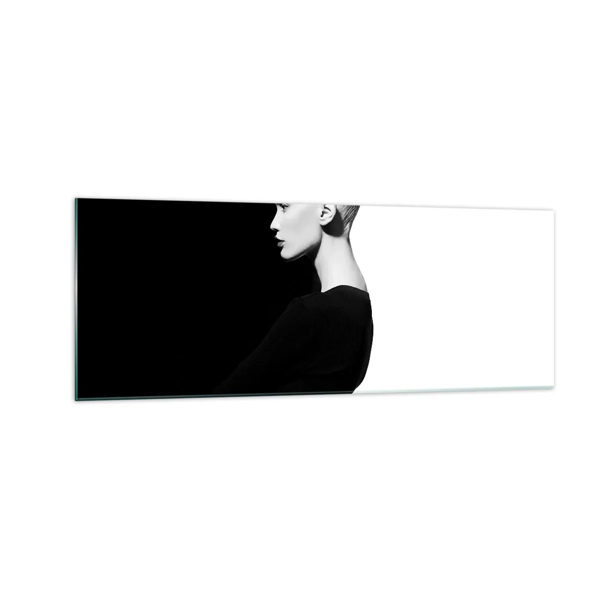Quadro su vetro - Ritratto elegante di una donna su sfondo bianco e nero - 140x50cm - Semplicemente donna - Decorazione murale moderna per soggiorno e camera da letto ARTTOR