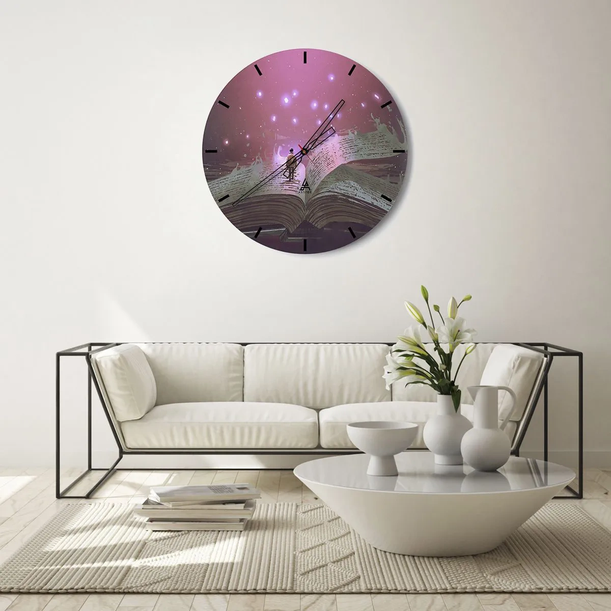 Orologio da parete - Orologio in Vetro - Un libro aperto con un magico bagliore rosa - 30x30cm - Invito ad un altro mondo: leggi! - Decorazione murale moderna per soggiorno, cucina e camera da letto ARTTOR