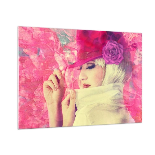Quadro su vetro - Illustrazione di una donna con un cappello rosa e un fiore sullo sfondo - 100x70cm - Ritratto retro nei vapori di rosa - Decorazione murale moderna per soggiorno e camera da letto ARTTOR