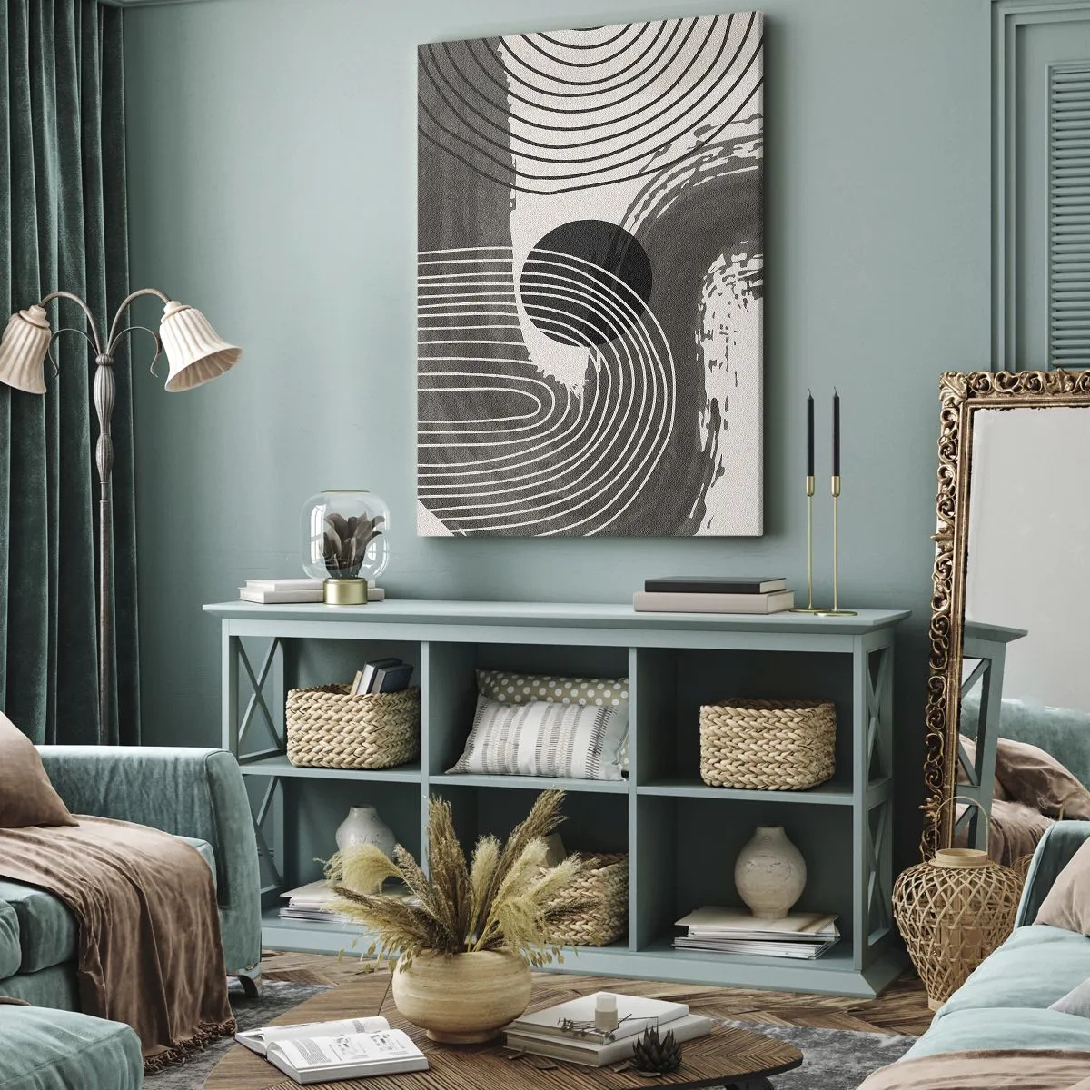 Quadro su tela - Stampe su Tela - Linee geometriche e ovali in tonalità monocromatiche - 50x70cm - L'ovale vittorioso - Decorazione murale moderna per soggiorno e camera da letto ARTTOR