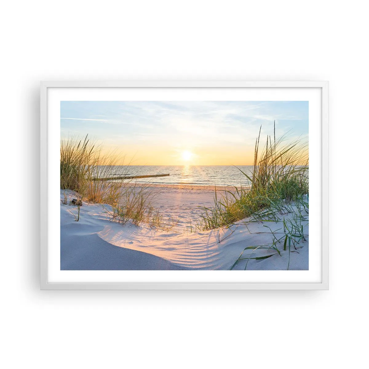 Poster in cornice bianca - Rumore del mare, uccelli che cantano, spiaggia selvatica tra i cespugli... - 70x50 cm