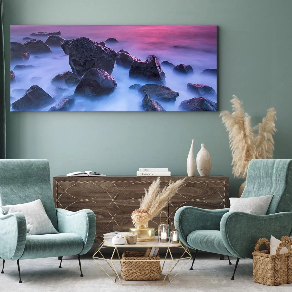 Quadro su tela - Stampe su Tela - Costa rocciosa al tramonto - 120x50cm - Nascita nella luce e nella nebbia - Decorazione murale moderna per soggiorno e camera da letto ARTTOR