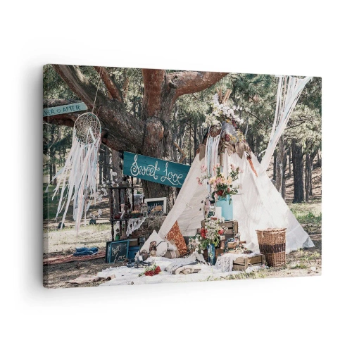 Quadro su tela - Stampe su Tela - Decorazione boho con un teepee nella foresta - 70x50cm - Make love... - Decorazione murale moderna per soggiorno e camera da letto ARTTOR