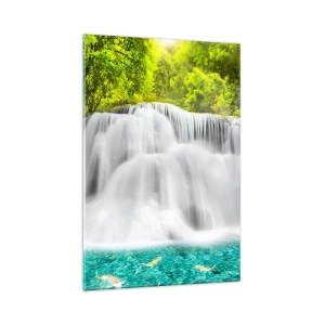 Quadro su vetro - Una cascata in una foresta tropicale con acqua turchese - 80x120cm - Cascata spumeggiante dal verde all'azzurro - Decorazione murale moderna per soggiorno e camera da letto ARTTOR