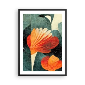 Poster in cornice nera - Fiori astratti nelle tonalità dell'arancione e del verde - 50x70cm - Caldo dei tropici e fresco del verde - Decorazione murale moderna per soggiorno e camera da letto ARTTOR
