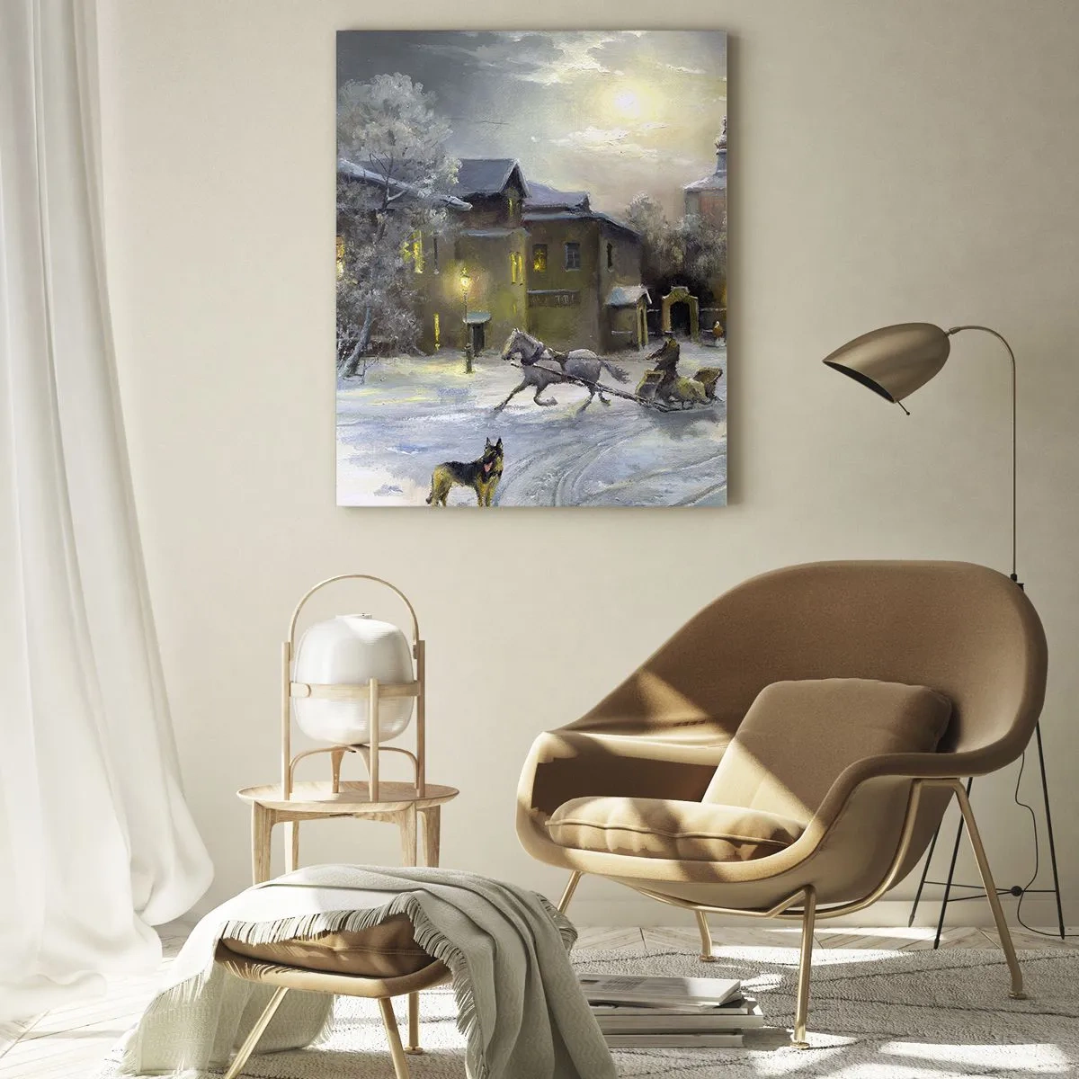 Quadro su vetro - Paesaggio invernale in una città russa con una slitta e una chiesa - 80x120cm - La magia dell'inverno russo - Decorazione murale moderna per soggiorno e camera da letto ARTTOR