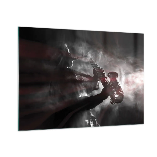 Quadro su vetro - Sassofonista in una nebbia di fumo in bianco e nero - 100x70cm - Nei fumi del jazz - Decorazione murale moderna per soggiorno e camera da letto ARTTOR