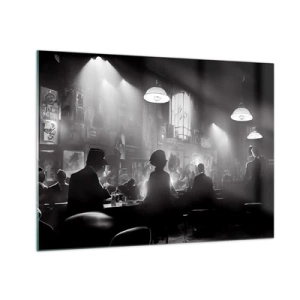 Quadro su vetro - Palco jazz in bianco e nero all'interno di un club - 70x50cm - Nell'atmosfera jazz - Decorazione murale moderna per soggiorno e camera da letto ARTTOR