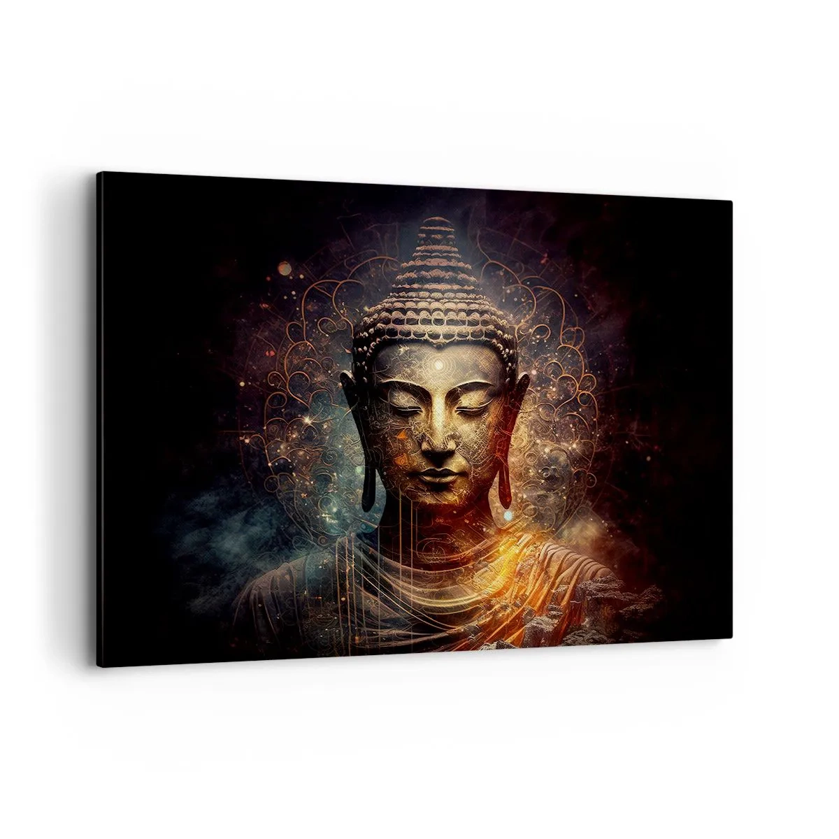 Quadro su tela - Stampe su Tela - Buddha dorato su sfondo scuro con ornamenti - 100x70cm - Equilibrio spirituale - Decorazione murale moderna per soggiorno e camera da letto ARTTOR