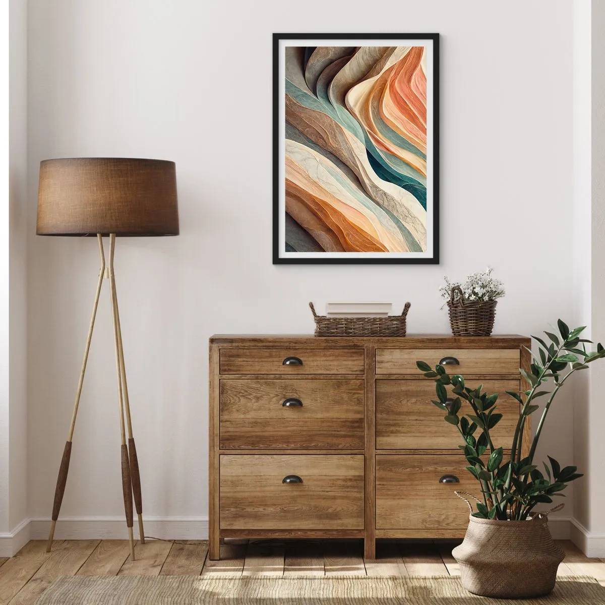 Poster in cornice nera - Onde organiche in tonalità calde e naturali - 50x70cm - L'attimo prima del cambiamento - Decorazione murale moderna per soggiorno e camera da letto ARTTOR