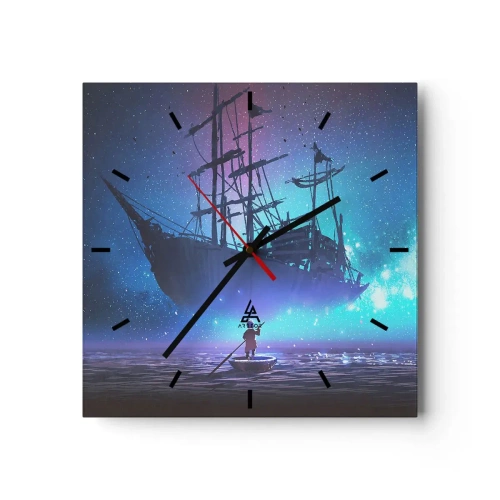 Orologio da parete - Orologio in Vetro - Una nave fantastica contro il cielo stellato - 30x30cm - Incontro con il mito del mare - Decorazione murale moderna per soggiorno e camera da letto ARTTOR