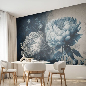 Fotomurali Premium Sand - Fiori di peonia nei toni del blu e della crema - 100x70cm - Coppia perfetta - Decorazione murale moderna per soggiorno e camera da letto ARTTOR