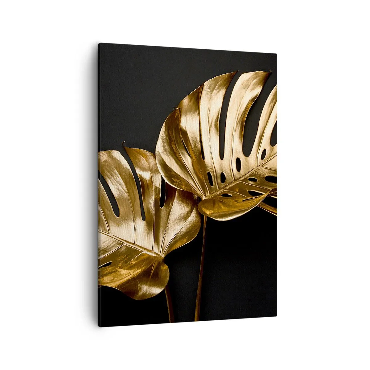 Quadro su tela - Stampe su Tela - Foglie di monstera dorate su sfondo nero - 50x70cm - I tesori della natura - Decorazione murale moderna per soggiorno e camera da letto ARTTOR