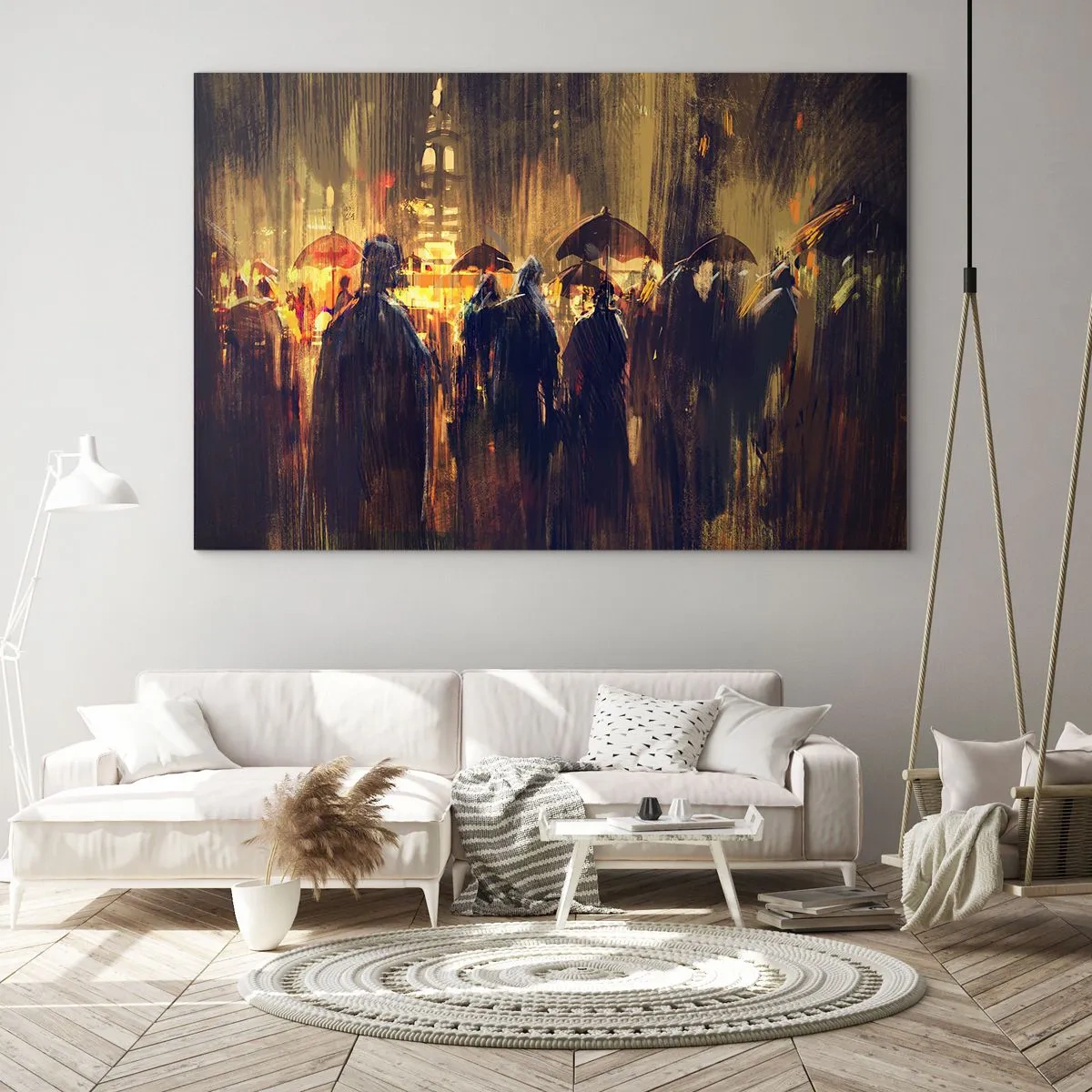 Quadro su vetro - Una folla con ombrelli sotto la pioggia sullo sfondo delle luci della città - 100x70cm - Gli adoratori della pioggia - Decorazione murale moderna per soggiorno e camera da letto ARTTOR