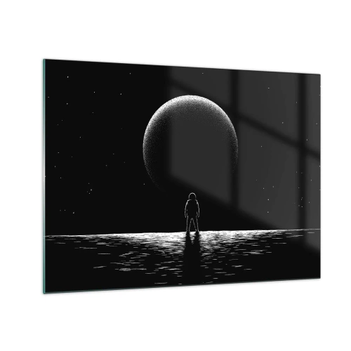 Quadro su vetro - Astronauta in piedi davanti a un pianeta in bianco e nero - 70x50cm - Faccia a faccia - Decorazione murale moderna per soggiorno e camera da letto ARTTOR