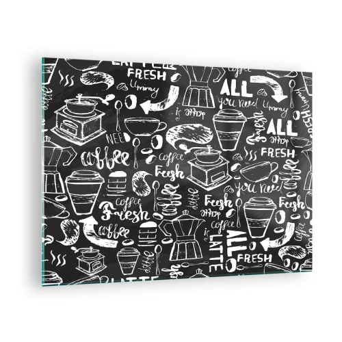 Quadro su vetro - Grafica e scritte a tema caffè su sfondo nero in stile retrò - 70x50cm - All you need is… - Decorazione murale moderna per soggiorno e camera da letto ARTTOR